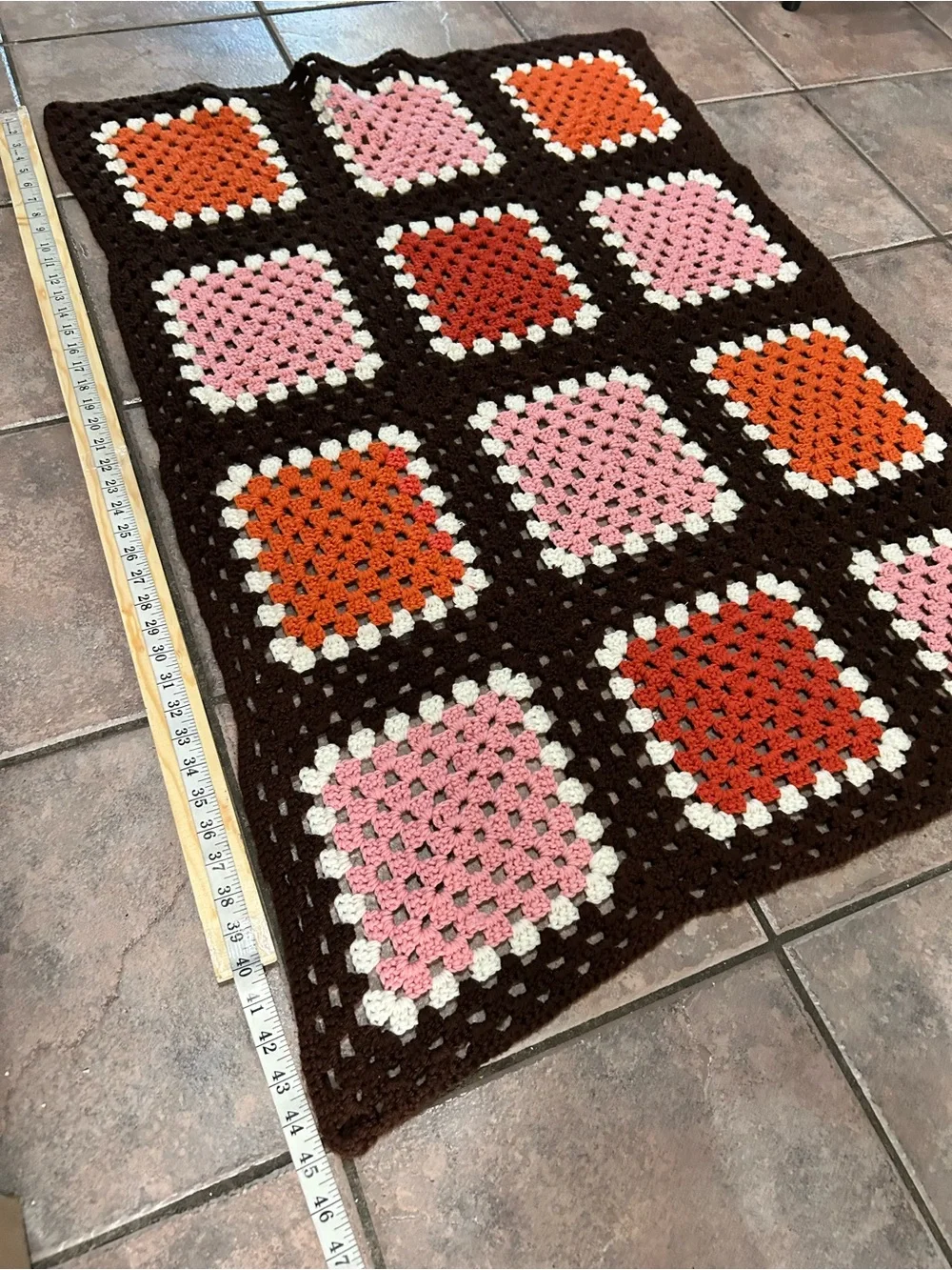 Handmade Brown Crochet Granny Square Throw with Pink, Orange & Cream